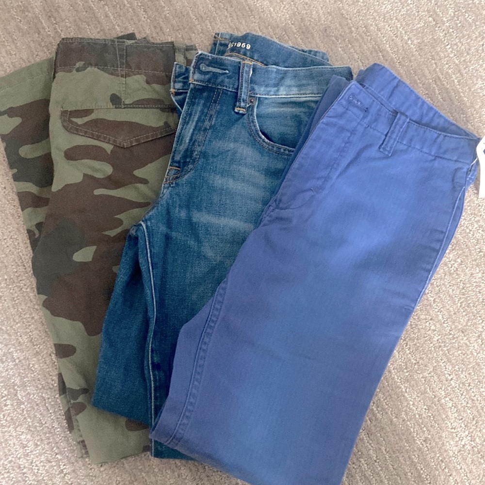 Size 12 boys gap pants one camo,one jean, one blue cargo. Only blue cargo NWT